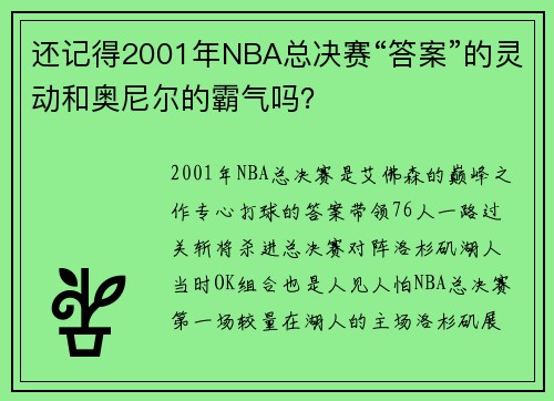 还记得2001年NBA总决赛“答案”的灵动和奥尼尔的霸气吗？