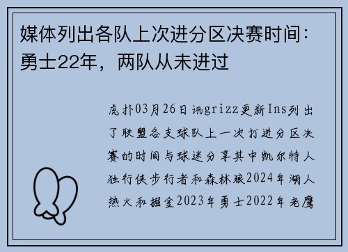 媒体列出各队上次进分区决赛时间：勇士22年，两队从未进过