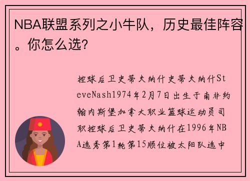 NBA联盟系列之小牛队，历史最佳阵容。你怎么选？