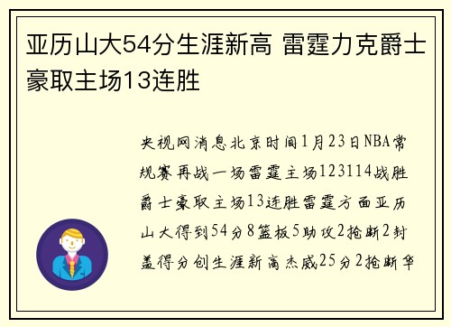 亚历山大54分生涯新高 雷霆力克爵士豪取主场13连胜